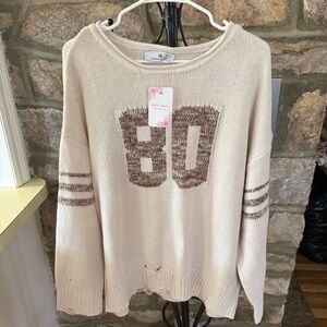 (NWT) Urban Daizy Distressed Knit Sweater Beige Brown 80 Varsity Pullover L
